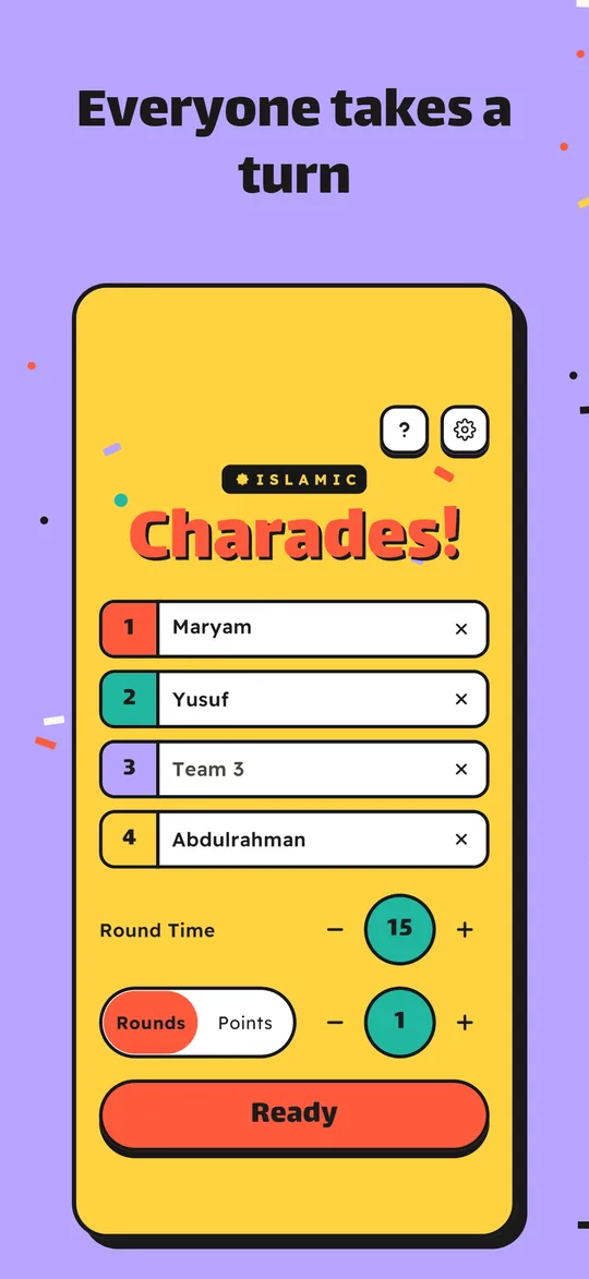 The main menu with four teams, round time and the Rounds or Points setting