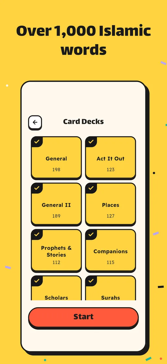 The Card Decks screen listing General, Act It Out, Places, Companions and more
