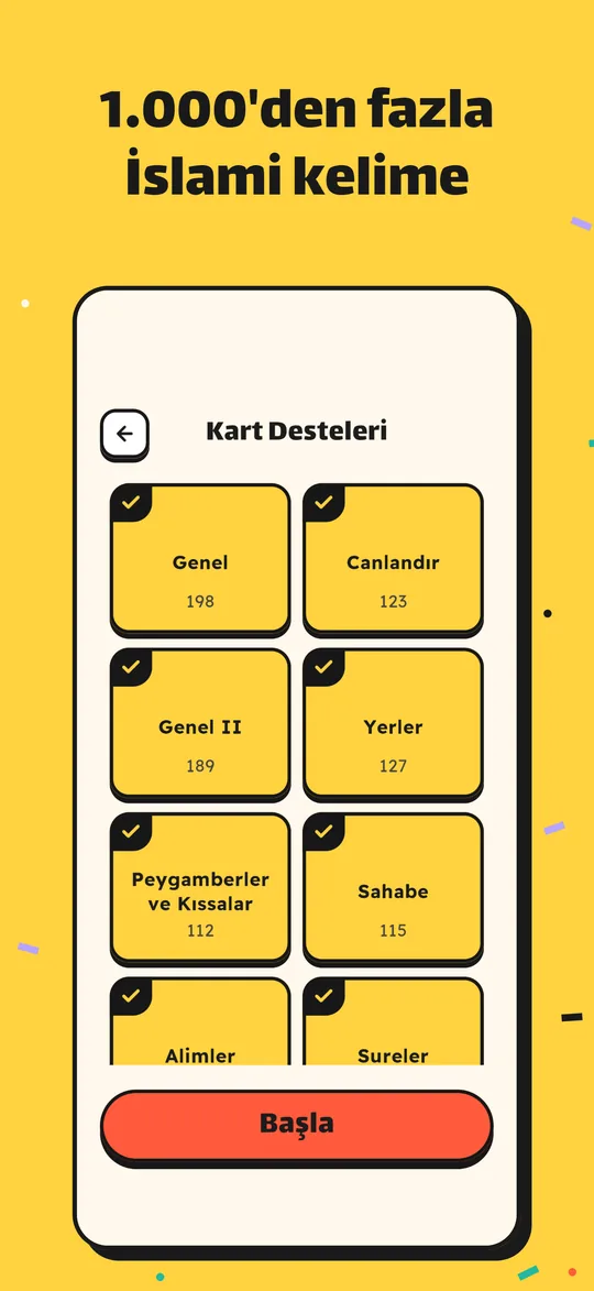 Genel, Canlandır, Yerler, Sahabe ve diğer desteleri gösteren Kart Desteleri ekranı